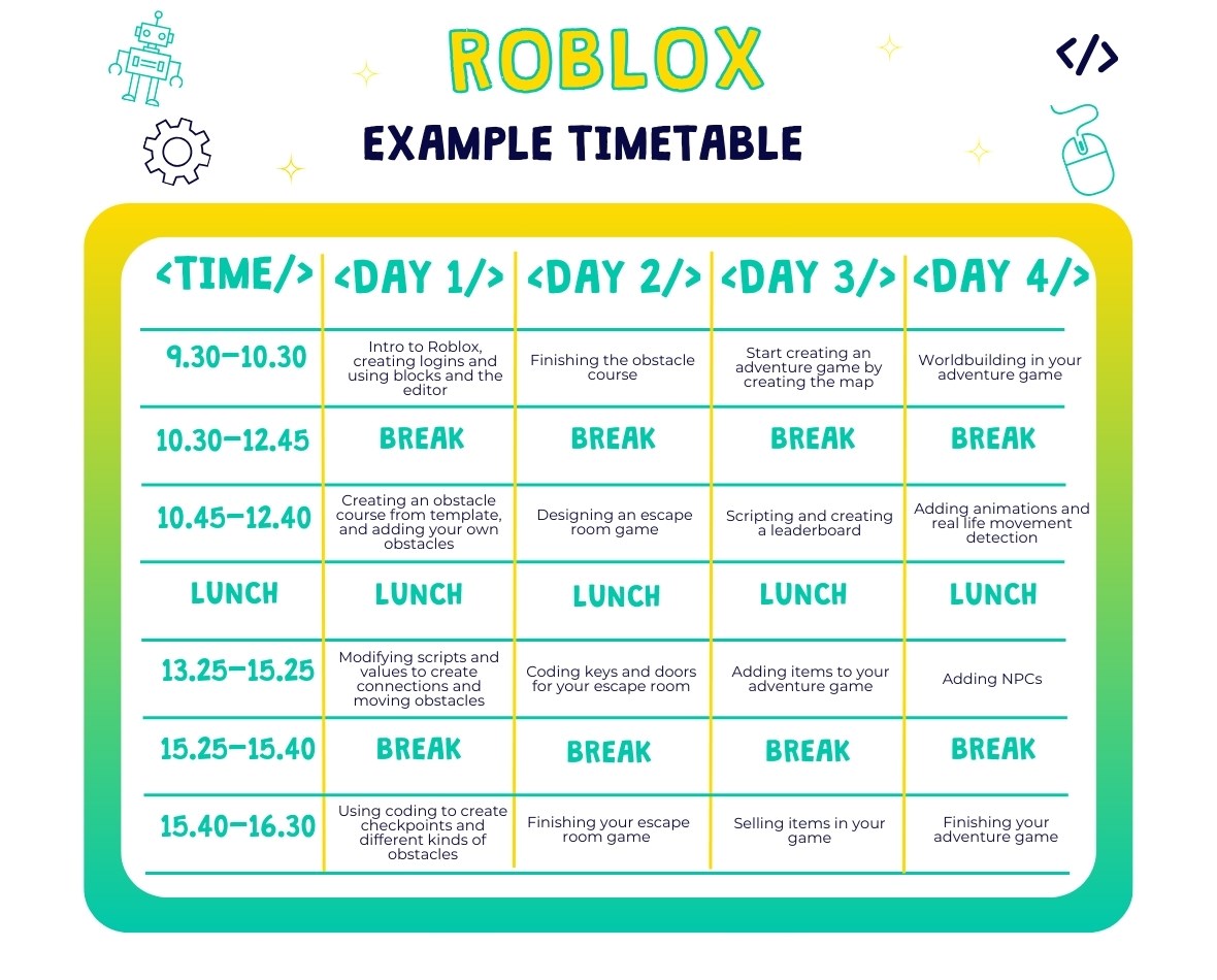 Roblox gaming school holiday course Barnet example timetable