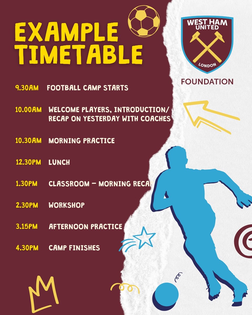 Official West Ham United summer holiday football camp example timetable for Barracudas